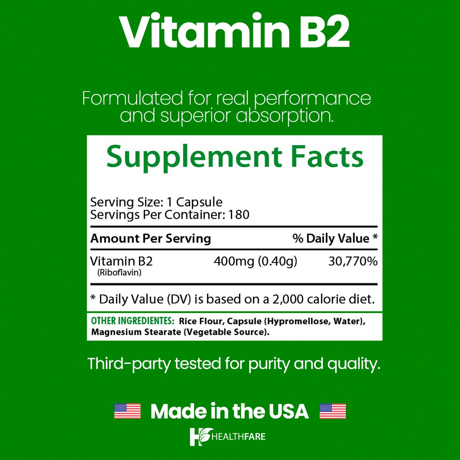 Vitamin B2 400mg | 180 Capsules | Riboflavin | Gluten Free & Non-GMO HealthFare