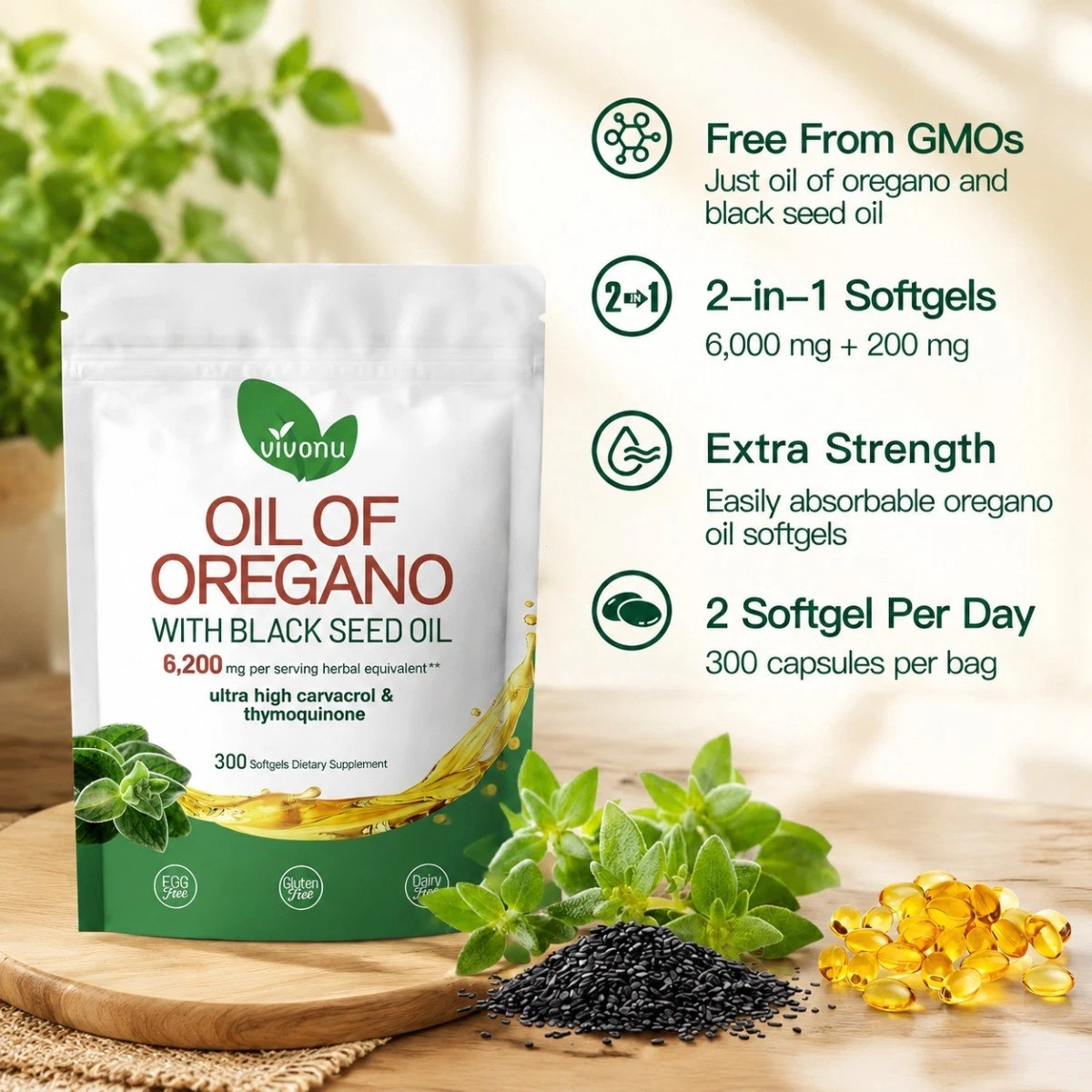 Oil of Oregano with Black Seed Oil Softgels 300 Count 6200mg Herbal Supplement