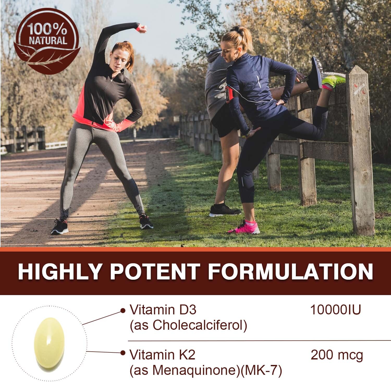 Vitamin D3+K2 MK7 10000 IU – Strong Bones, Immune Support – with Coconut Oil
