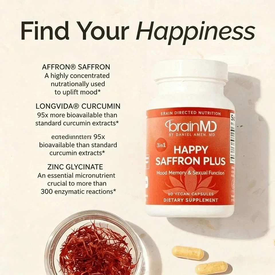 BrainMD Happy Saffron Plus – 3 Bottles – Mood & Memory Support – 90ct Each