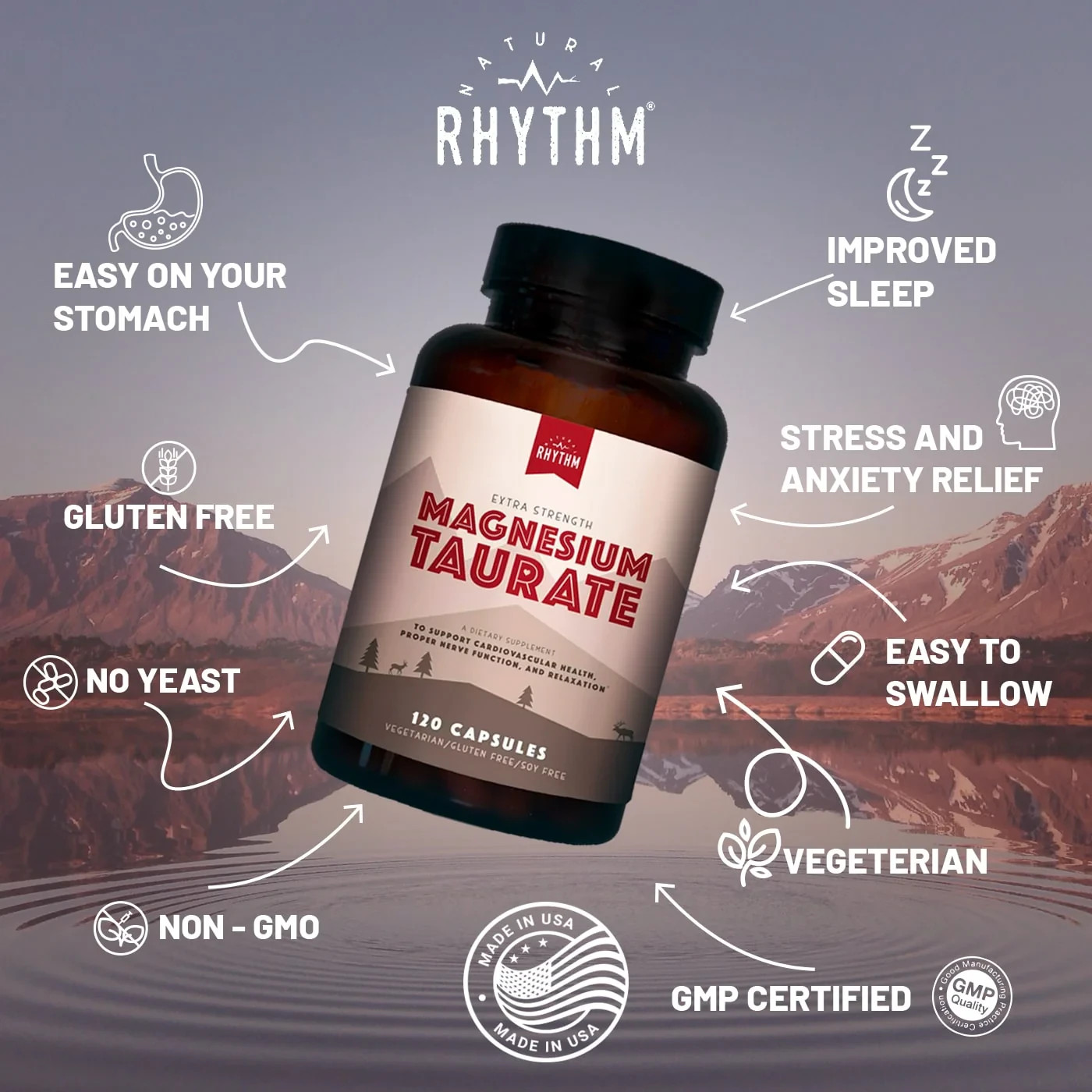 12 bottles of Magnesium Taurate by Natural Rhythm, 120 capsules, 750 mg