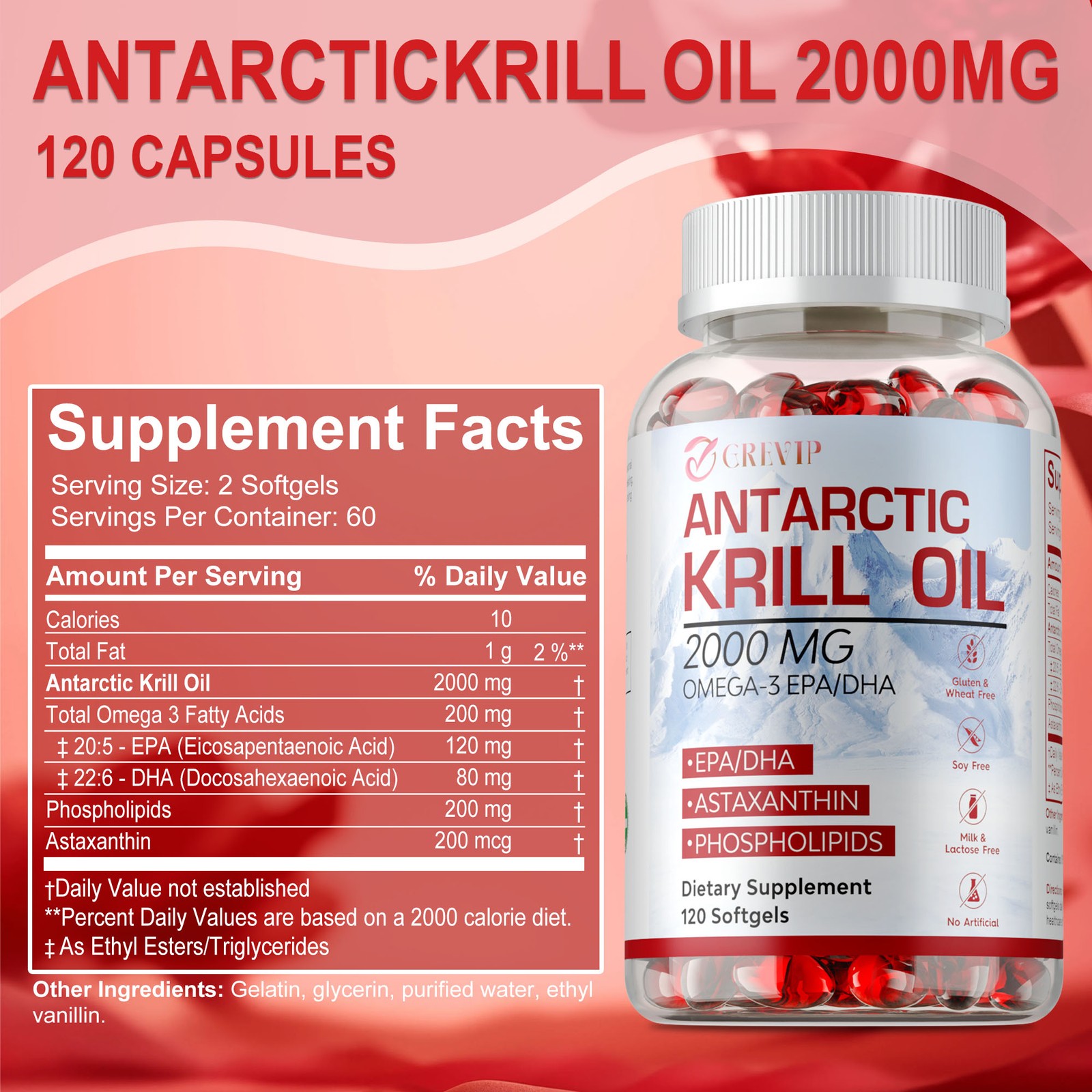 Antarctic Krill Oil 2000mg – Omega 3 EPA, DHA,Astaxanthin- Joints & Heart Health