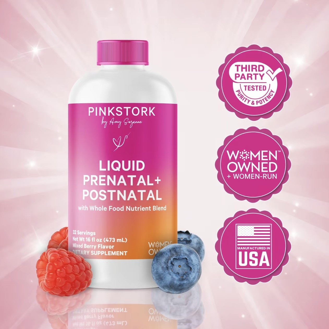 Pink Stork Prenatal Postnatal Vitamin Supplement Mixed Berry 16 fl oz