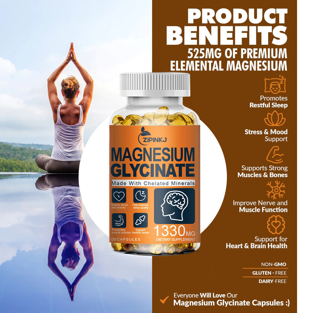 Magnesium Glycinate 120 Veg Capsules 1330mg Highest Potency, Buffered & Chelated