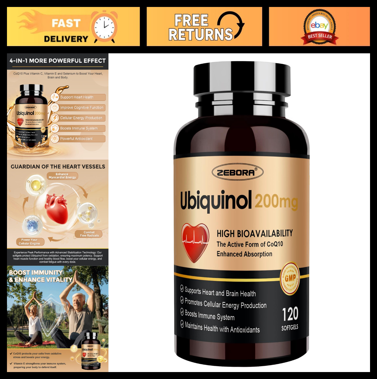 Ubiquinol CoQ10 200mg Softgels – 4-in-1 Antioxidant for Heart Health, Energy Boo