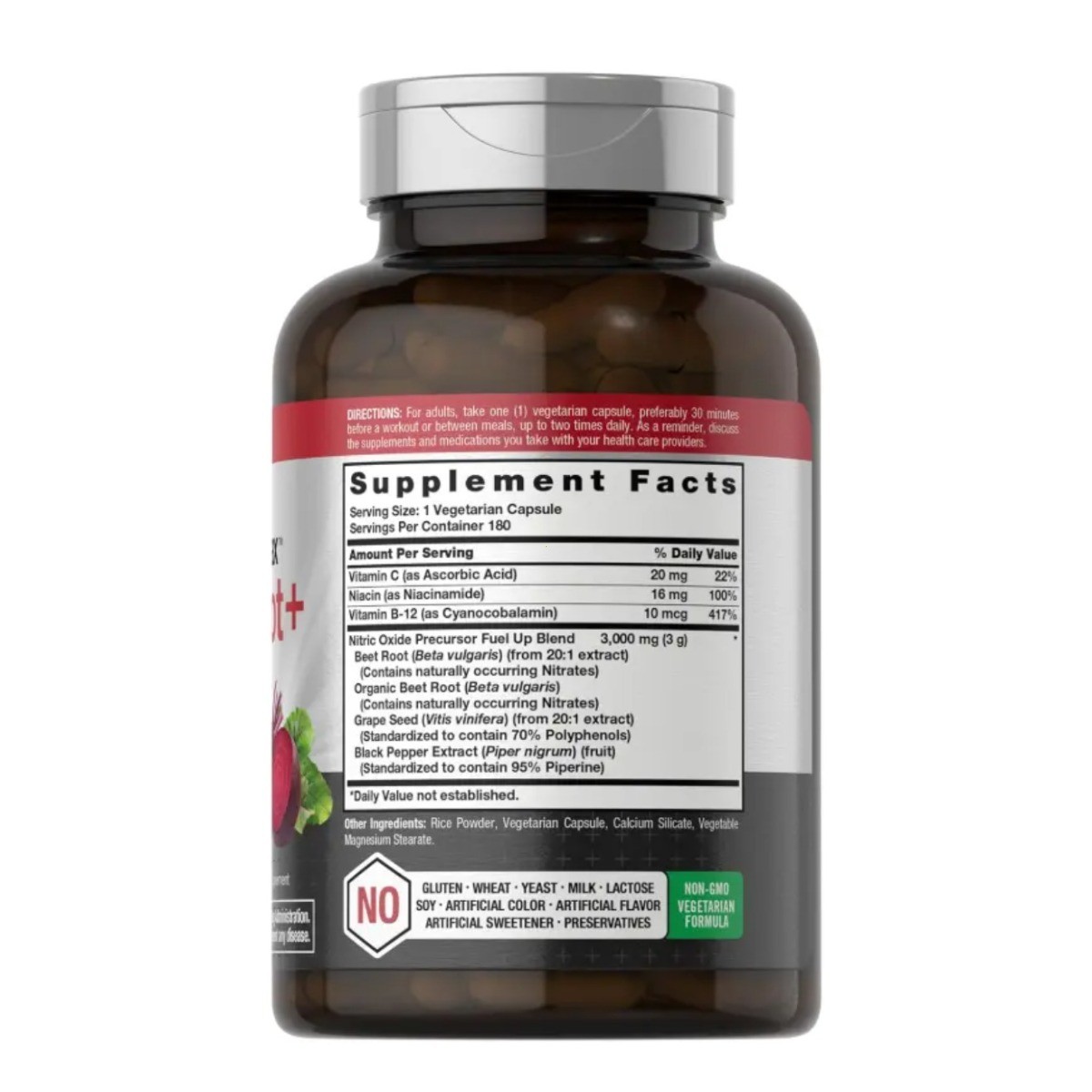Nitric Oxide Max Beet Root+ with Nitrates–Non-GMO, Gluten-Free, 180 Veg Capsules