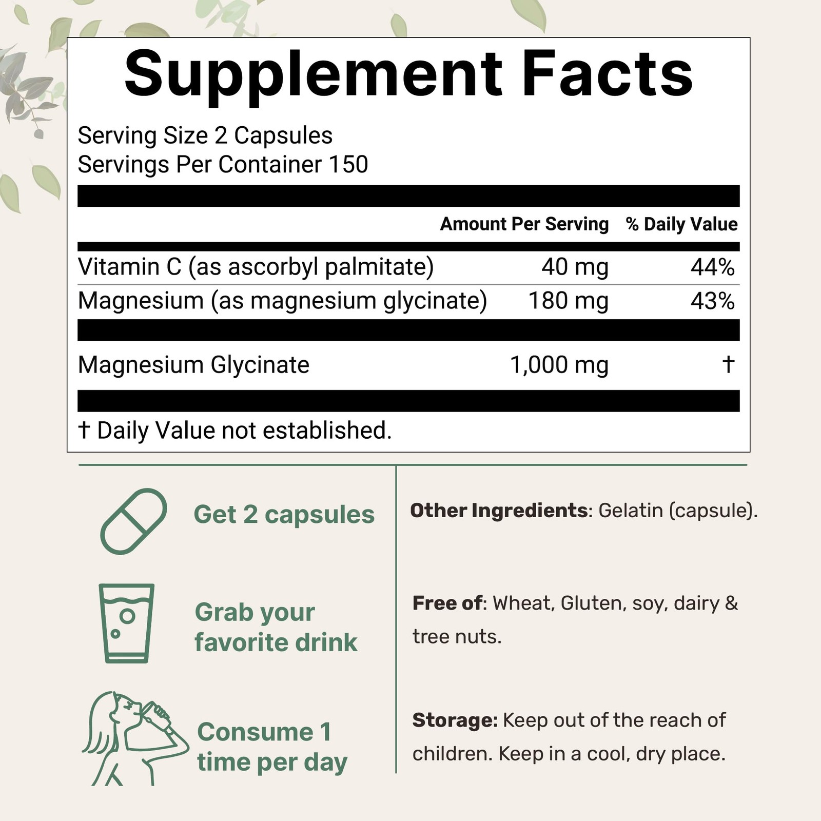 Pure Magnesium Glycinate 1,000mg, 300 Capsules | 100% 300 Count (Pack of 1)