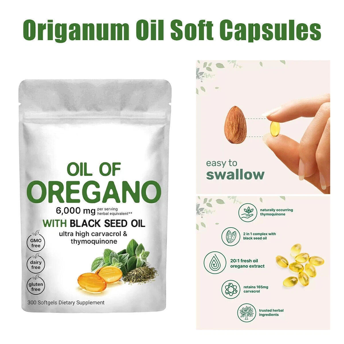 2 in 1 Oil of Oregano & Black Seed Softgels Count with Carvacrol,Immune Support