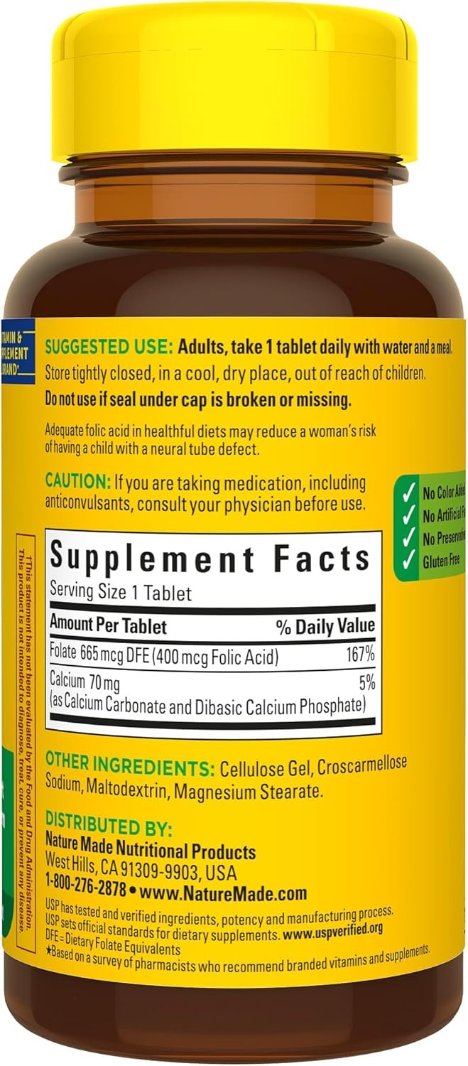 Nature Made Folic Acid 400 mcg (665 DFE), Dietary 250 Count (Pack of 1)