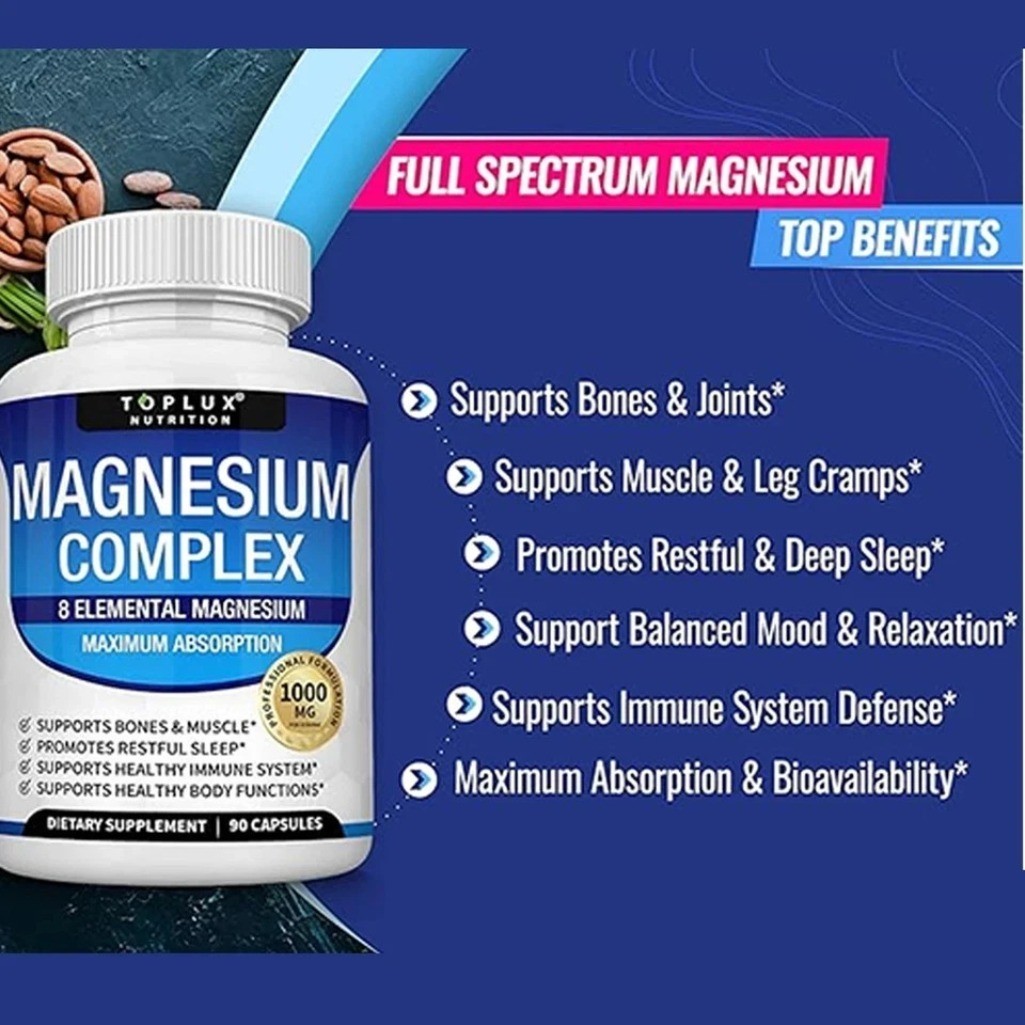 1Packs Toplux Nutrition Magnesium Complex 1000mg Supports 8 Elemental Magnesium