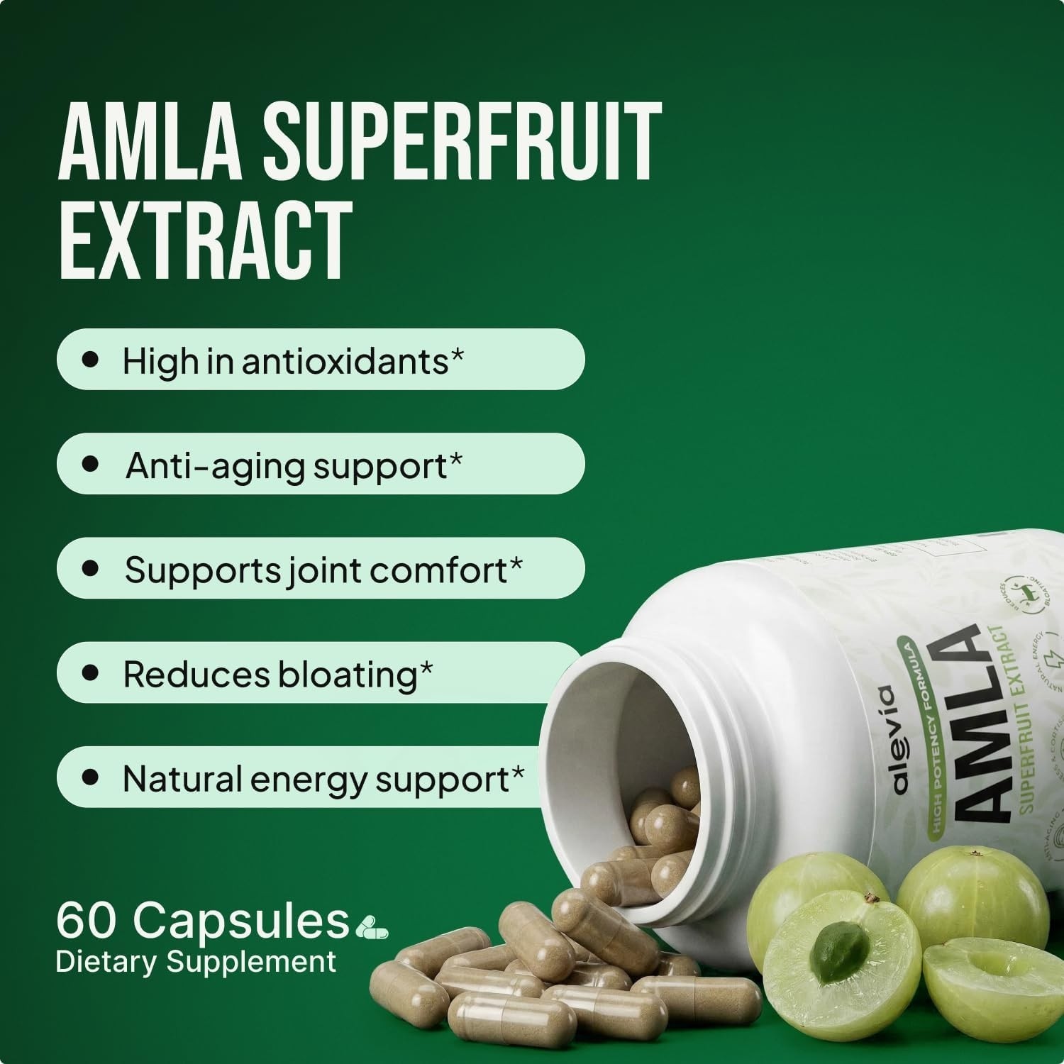 3PCS Alevia Organic Amla Capsules 1000mg Indian Gooseberry Amla Fruit Supplement