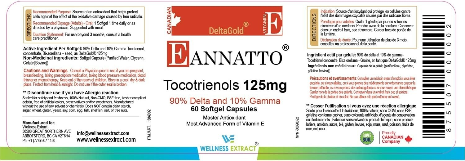 WELLNESS EXTRACT Eannatto Tocotrienols Vitamin E Supplements – 125MG, 60 Softgel
