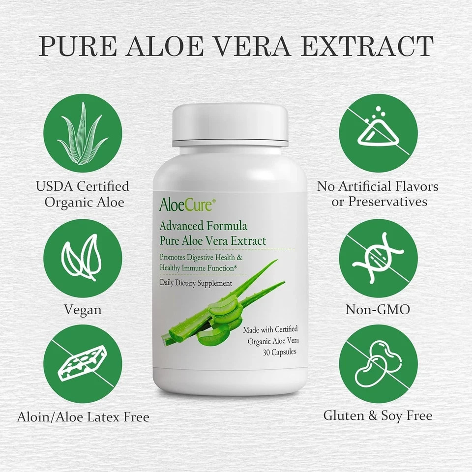 4 Bottles AloeCure Organic Aloe Vera Capsules, 130,000mg Inner (4×30 Capsules)