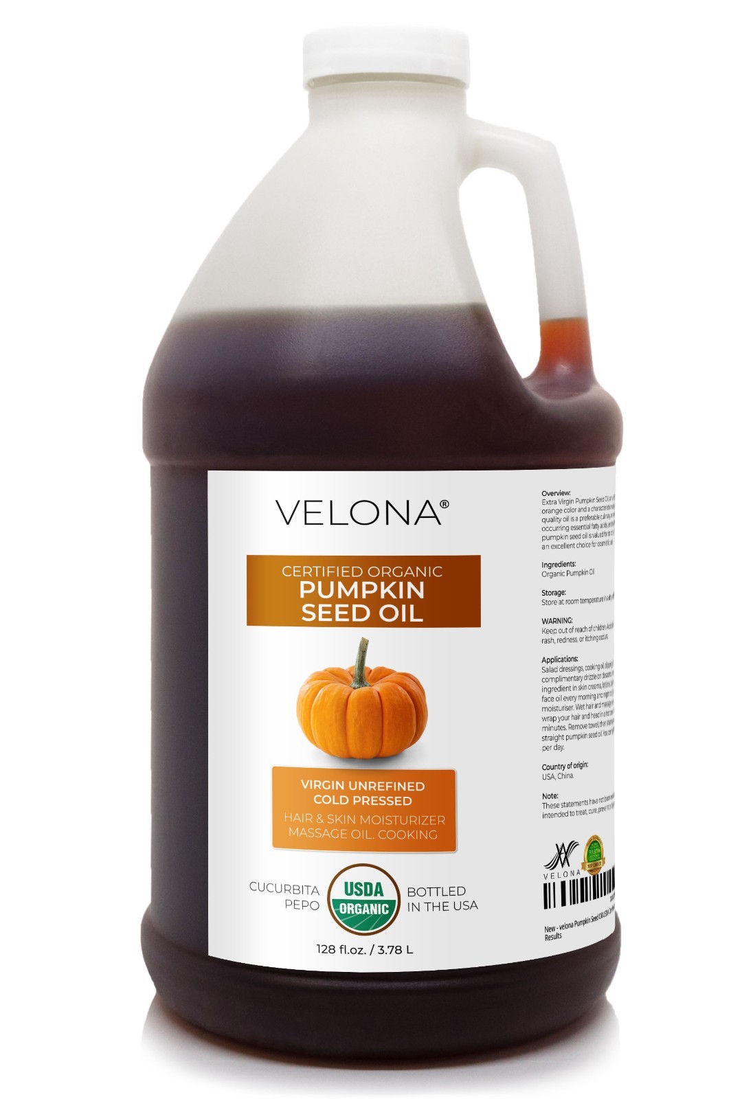 Velona Pumpkin Seed Oil USDA Certified Organic 2oz-7lb Virgin Unrefined Cooking