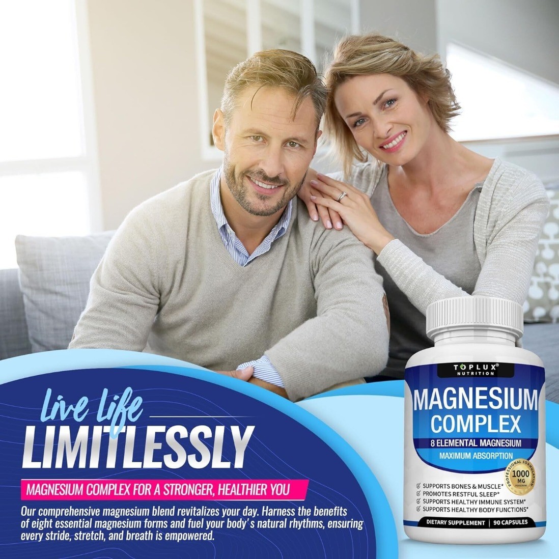 Magnesium Complex 1000mg, 8 Elemental Magnesium 90 Capsules Gluten Free+ Non-GMO