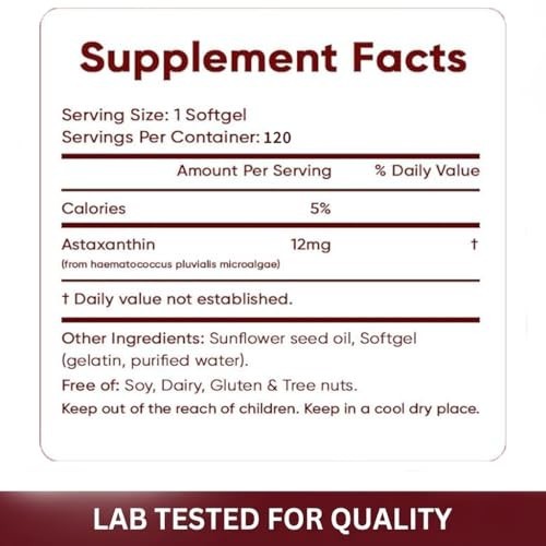 Astaxanthin 12mg – Non-GMO, Gluten Free, Easy to Swallow – 120 Softgels, 4 Month