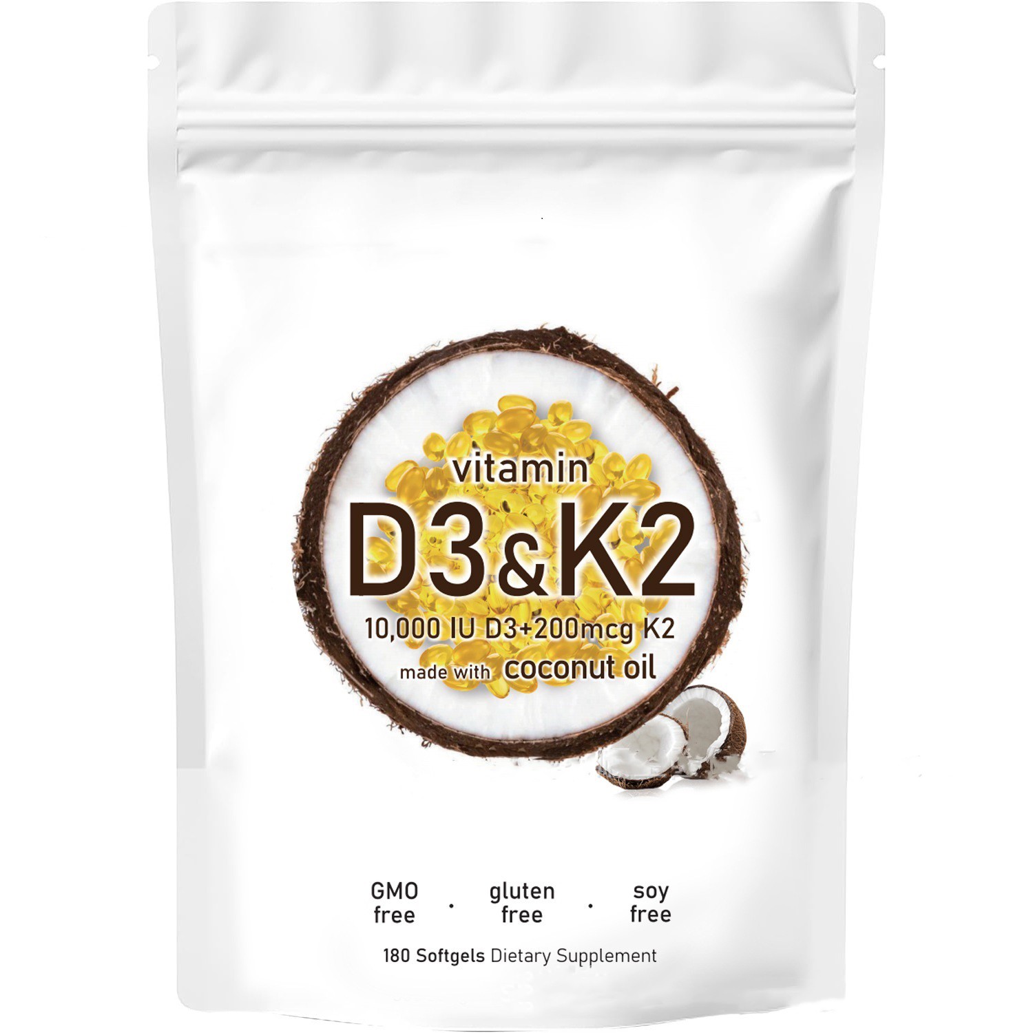 1 in 2 Vitamin D3 K2 Supplement Softgels 180 capsules 10000 IU VIT D3+K2 200 MCG