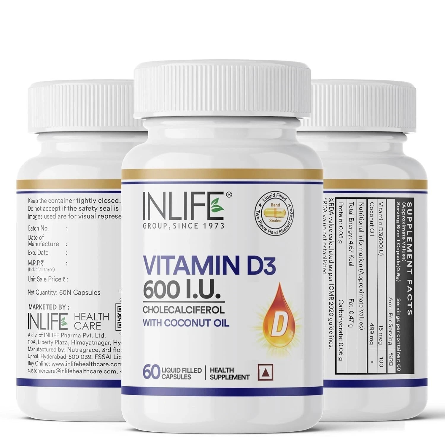 INLIFE Vitamin D3 600 IU Cholecalciferol Supplement with Coconut Oil 60N U815