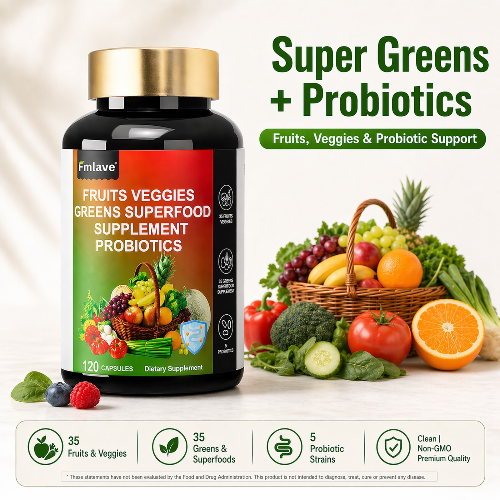 4pc 70 Fruits and Veggies Whole Food Supplement, Superfood & 5 Probiotic Strains
