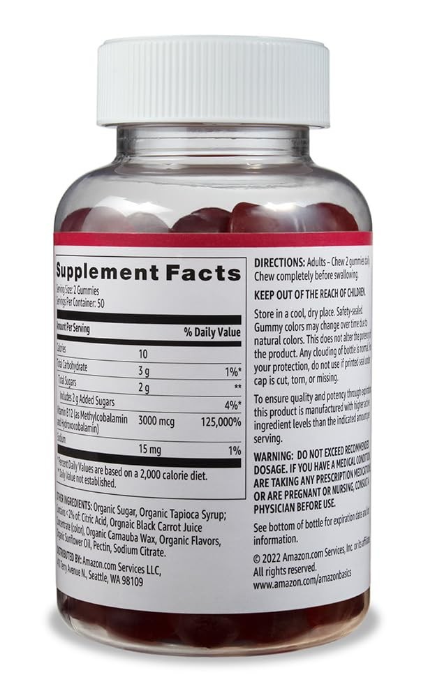 Amazon Basics Vitamin B12 3000 mcg Gummies, Normal 100 count (Pack of 1), Red