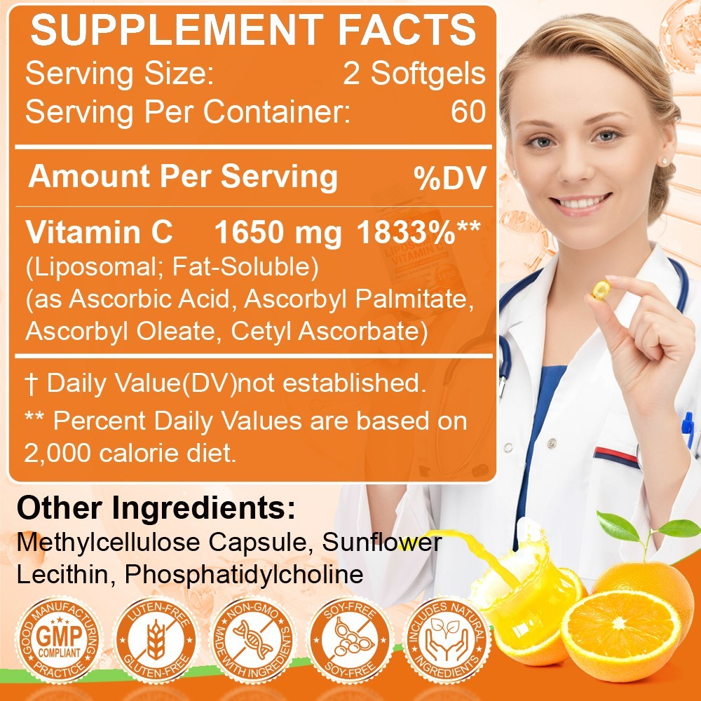 Liposomal Vitamin C 1650mg -120 Capsules – High Absorption Supplements