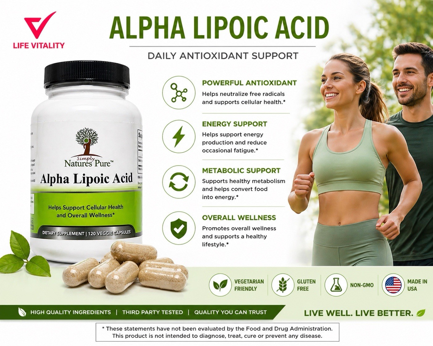 Simply Natures Pure Alpha Lipoic Acid 600Mg 120 Veggie Caps✅TWO PACK