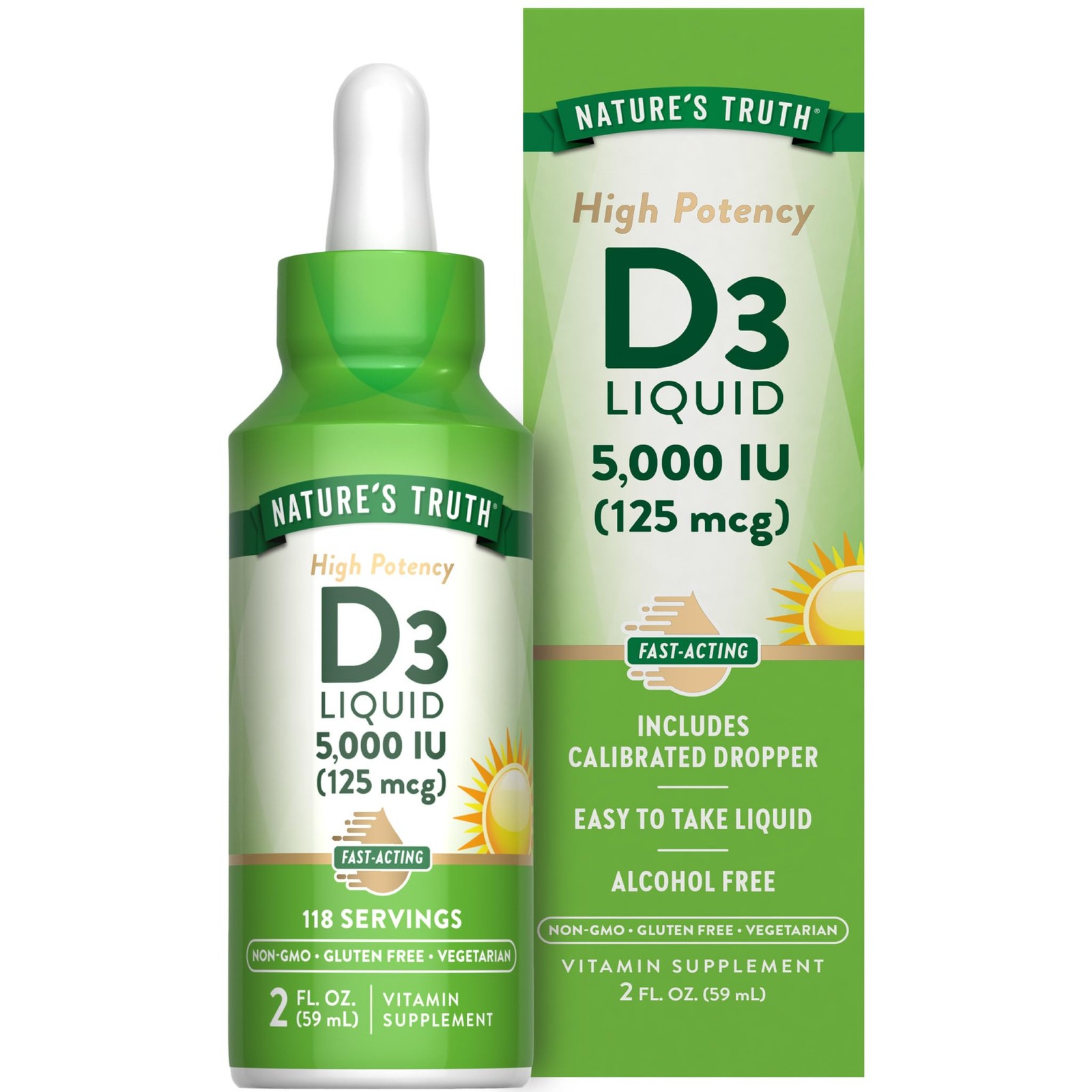 Liquid Vitamin D3 5000 IU 2 Fl Oz Vegetarian Gluten Free Fast Acting Supplement