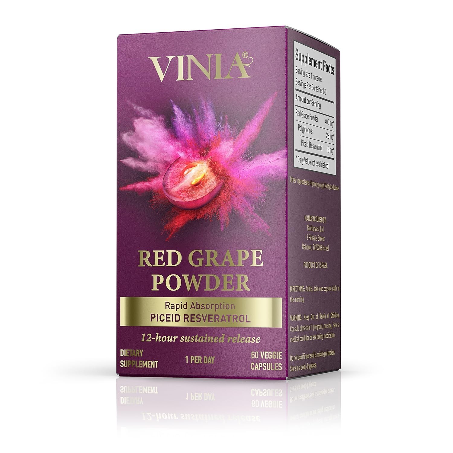 (3 Packs) Vinia Red Grape Powder Rapid Absorbtion Piceid Resveratrol 180Capsules