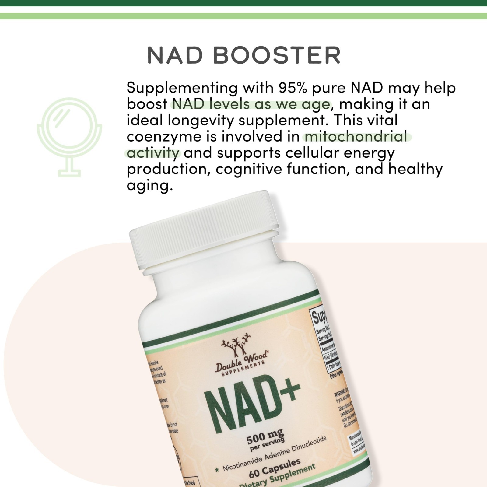 NAD+ Anti-Aging Supplement | 500mg Pure NAD Plus | 30-Day Supply | Vegan, Non-GM