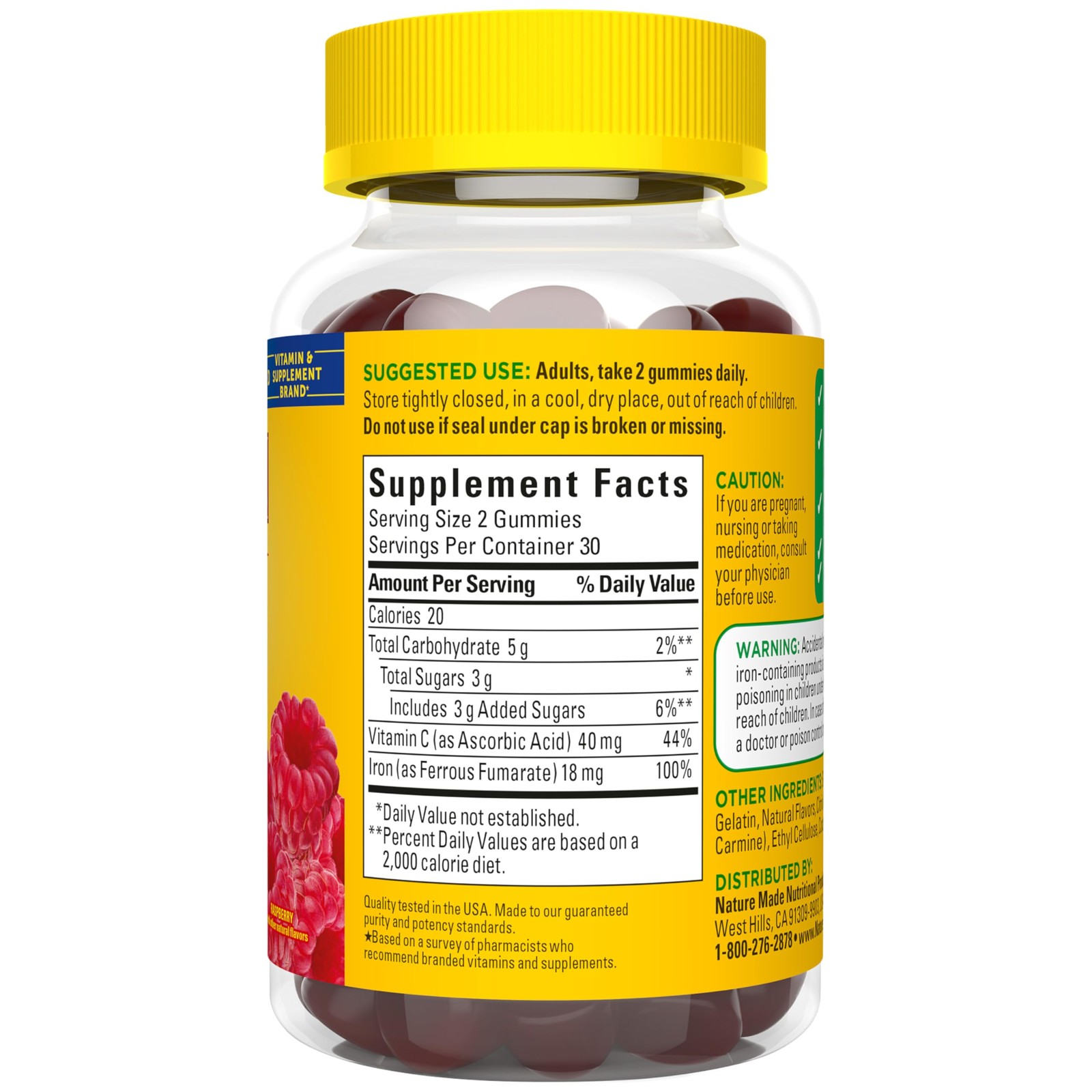 Iron 18 mg per Serving Gummies 60 Count (Pack of 1), Dark Red