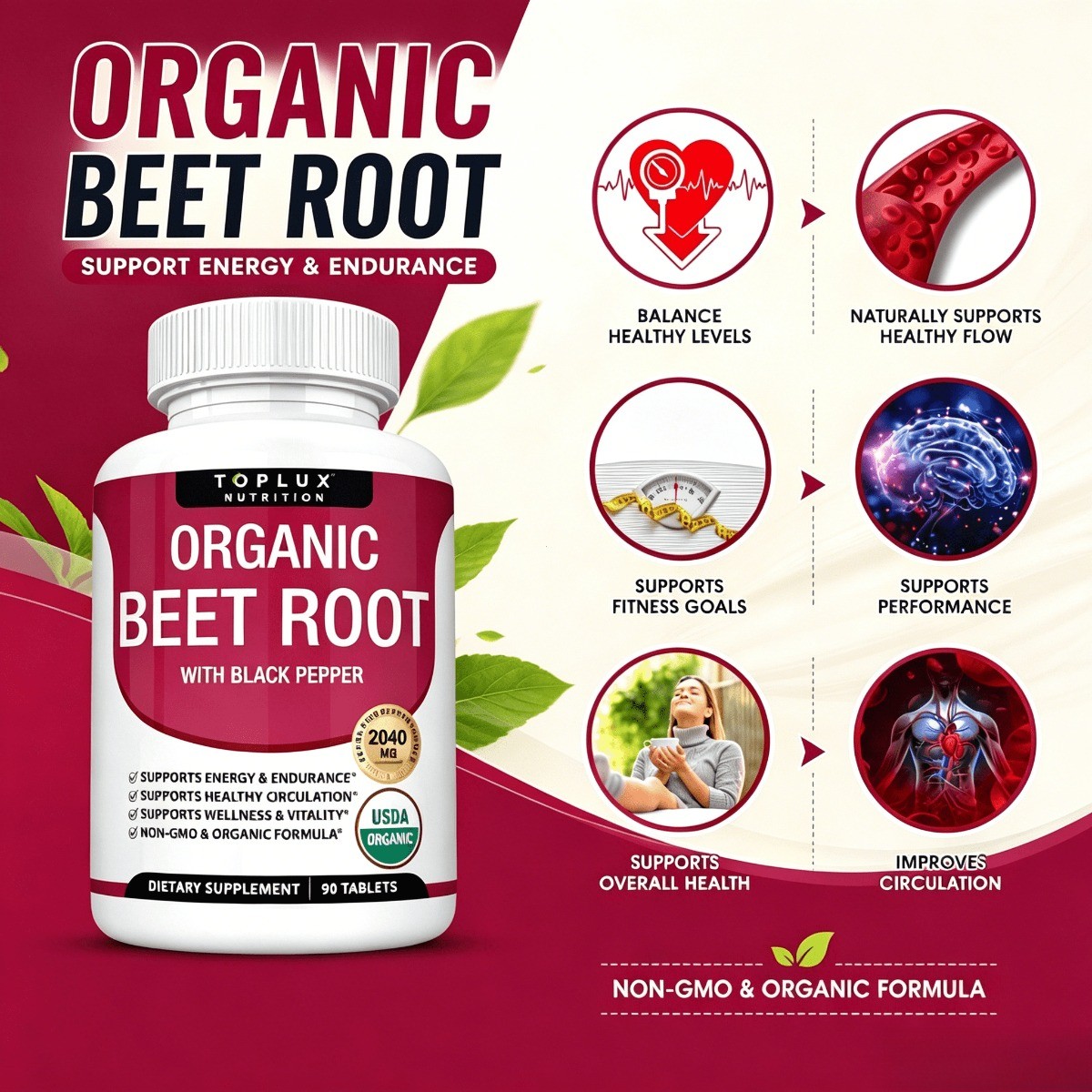 Toplux Organic Beet Root Powder Tablets – Natural Nitric Oxide Beets to Support