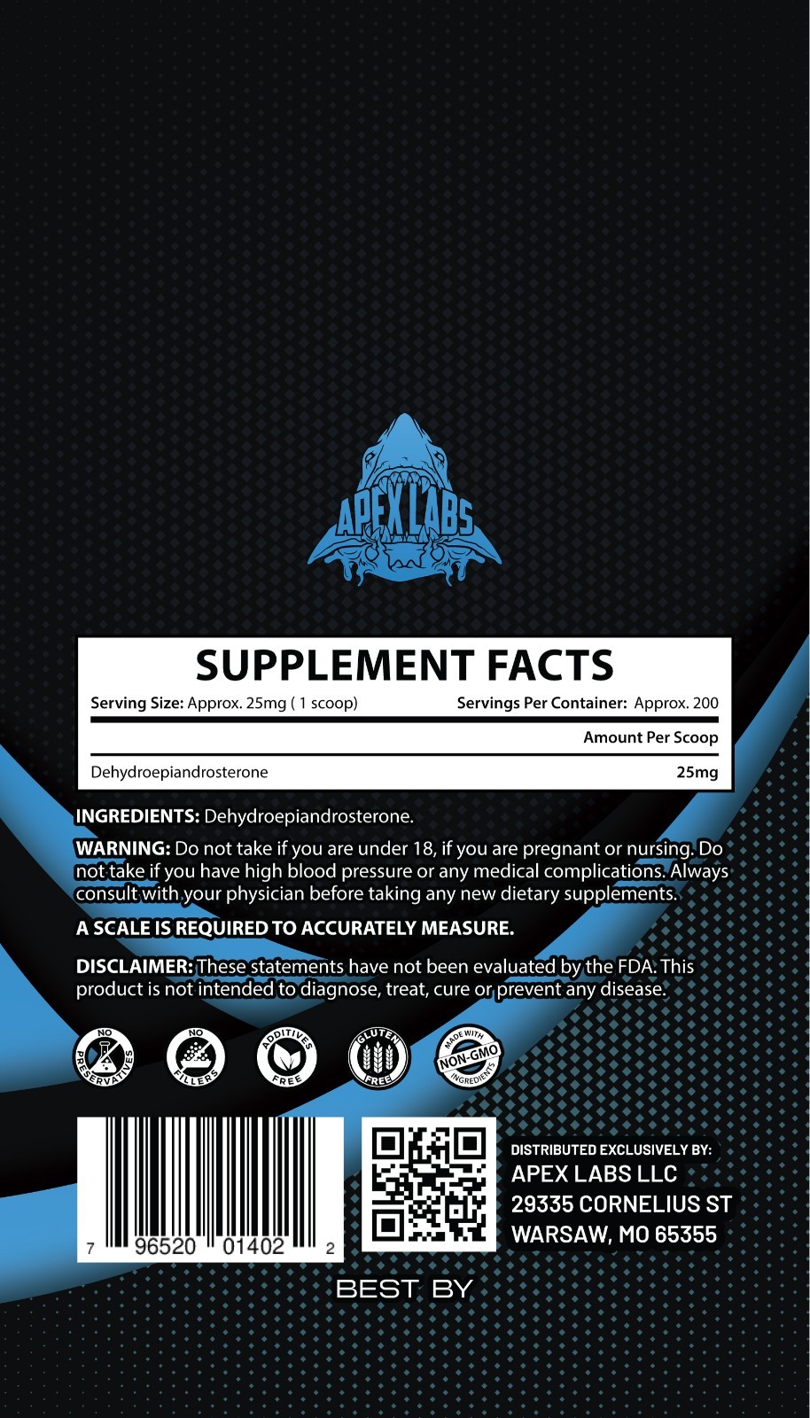 Apex Labs DHEA Powder–25mg Per Serving. Scoop Included. Athletes, Bodybuilding