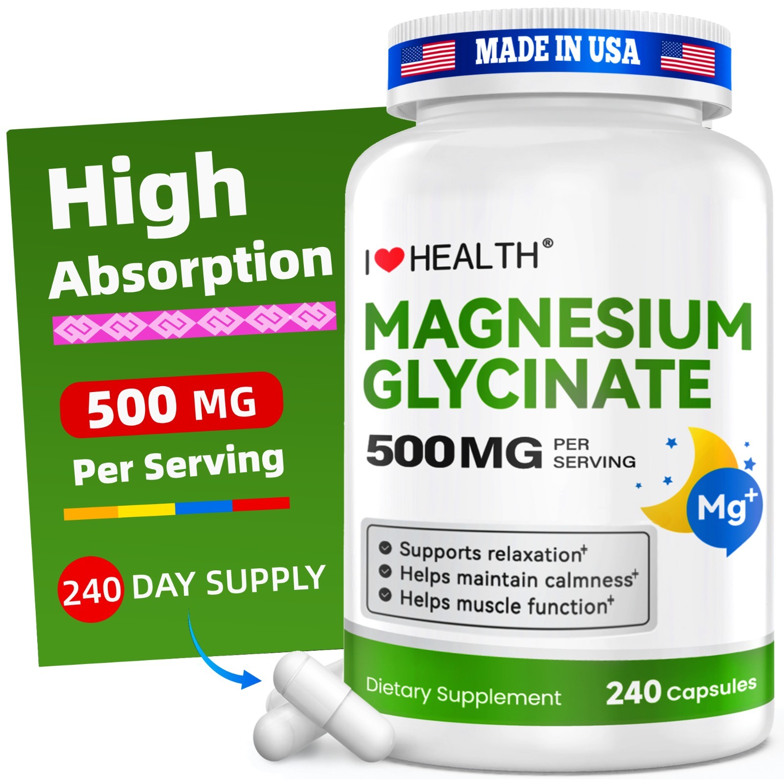 Magnesium Glycinate 500mg per Capsule 240 Capsules High Absorption