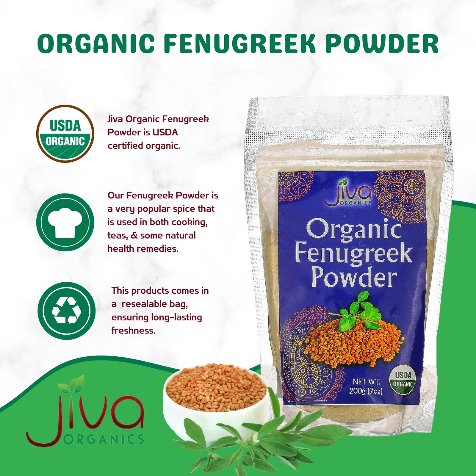 Jiva Organics Organic Fenugreek Powder 7oz Bag – Gluten 7 Ounce (Pack of 1)
