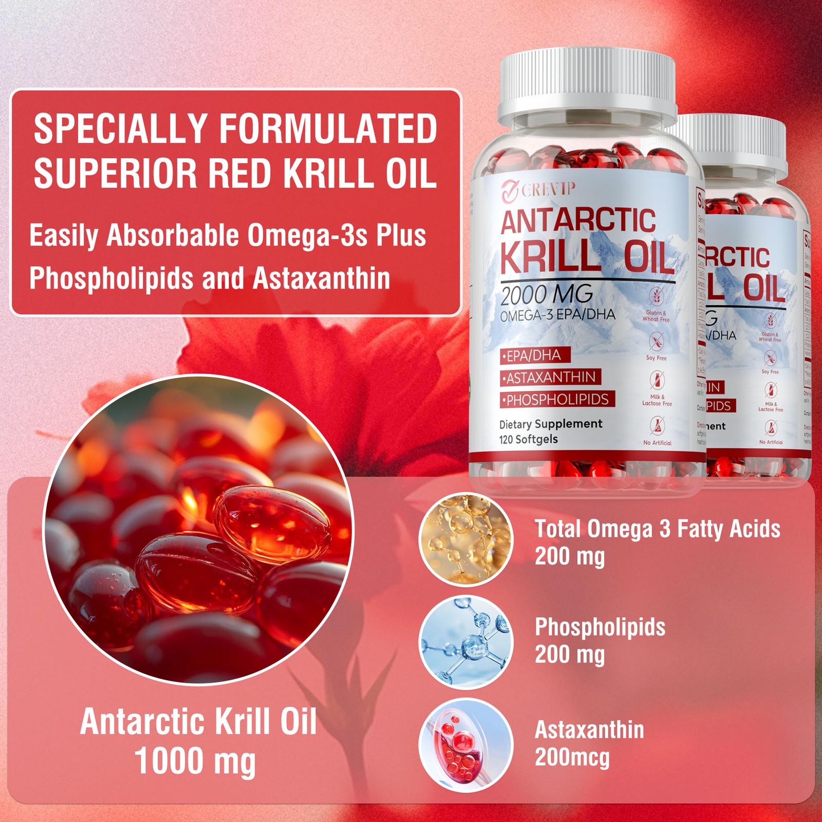 Antarctic Krill Oil 2000mg – Omega 3 EPA, DHA,Astaxanthin- Joints & Heart Health