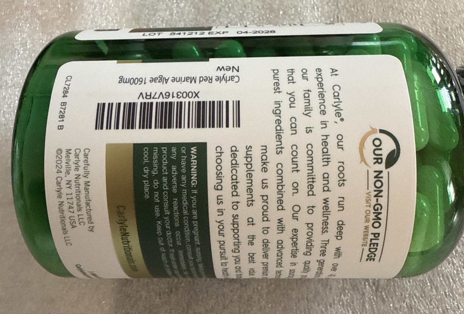 CARLYLE. RED MARINE ALGAE 1,600 MG 200 Capsules Exp 10/27- Gluten Free Non GMO