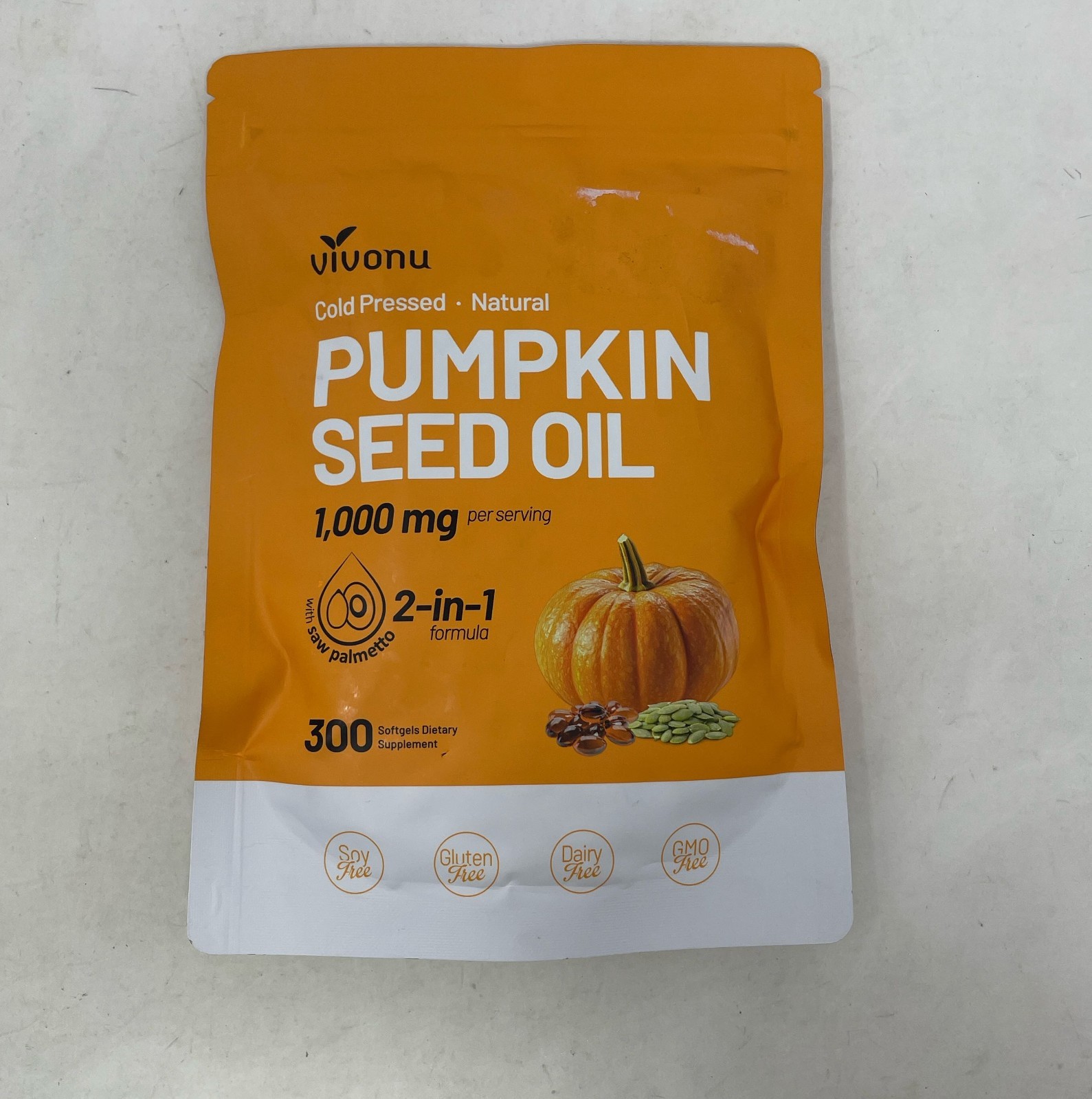 Vivonu Pumpkin Seed Oil + Saw Palmetto 300 Softgels, Cold-Pressed 1000 mg Orange