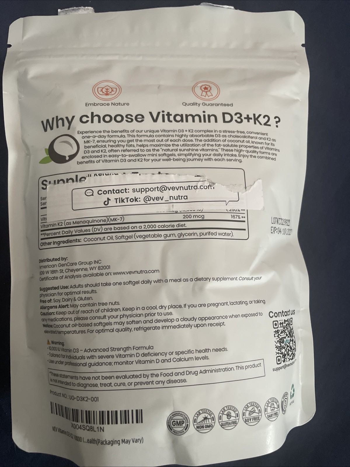 VEV Corefeel Vitamin D3 K2 10,000 IU, 200 mcg MK-7, 300 Coconut Oil Softgels