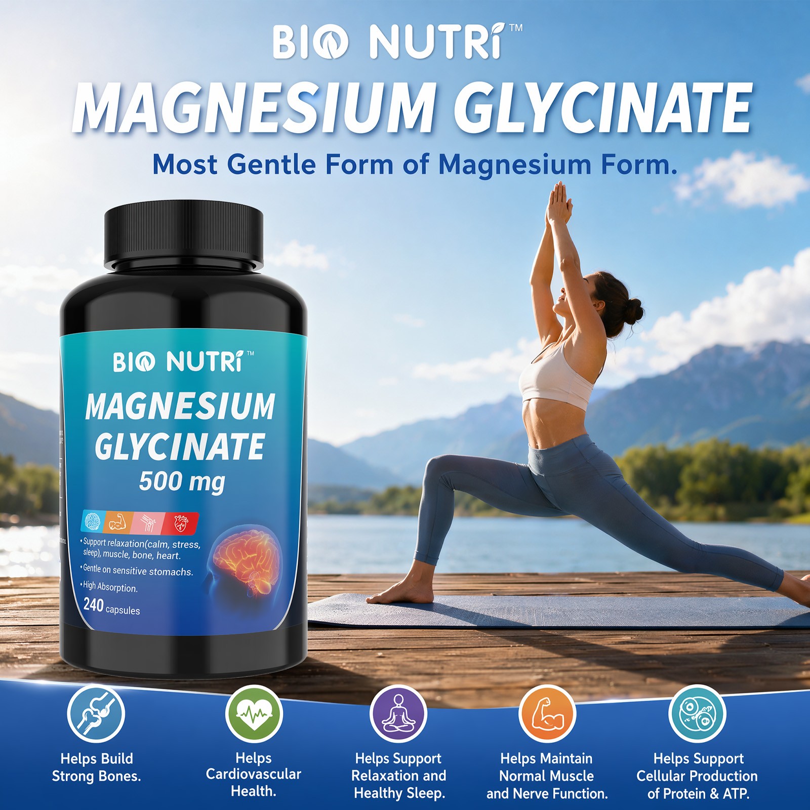 Magnesium Glycinate 500mg – 240 Capsules For Sleep, Stress Relief Support Bone