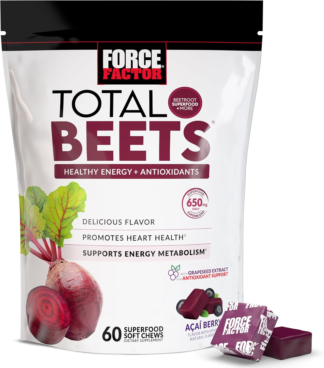 Force Factor Total Beets Soft Chews with Beetroot, Nitrates, L-Citrulline, Grape