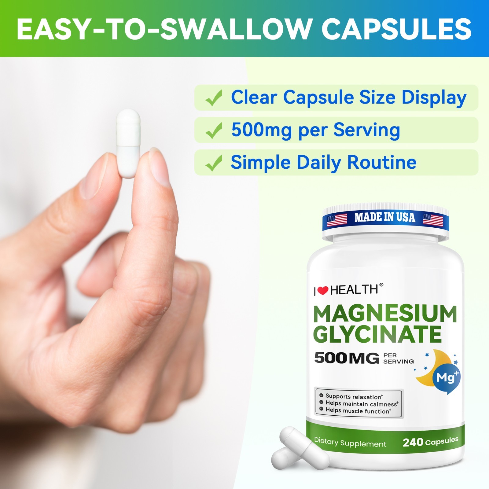 Magnesium Glycinate 500mg per Capsule 240 Capsules High Absorption