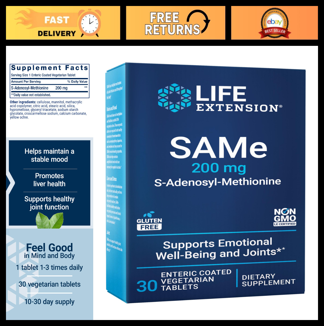 Mood, Joint & Liver Support – Gluten-Free, Non-GMO, Vegetarian, 30 Tablets