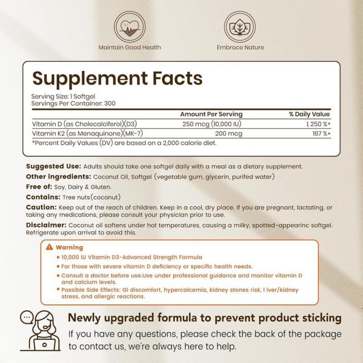 NEW VEV Vitamin D3 K2 10000 IU, 300 Coconut Oil Softgels, 2-in-1 D&K Supplement