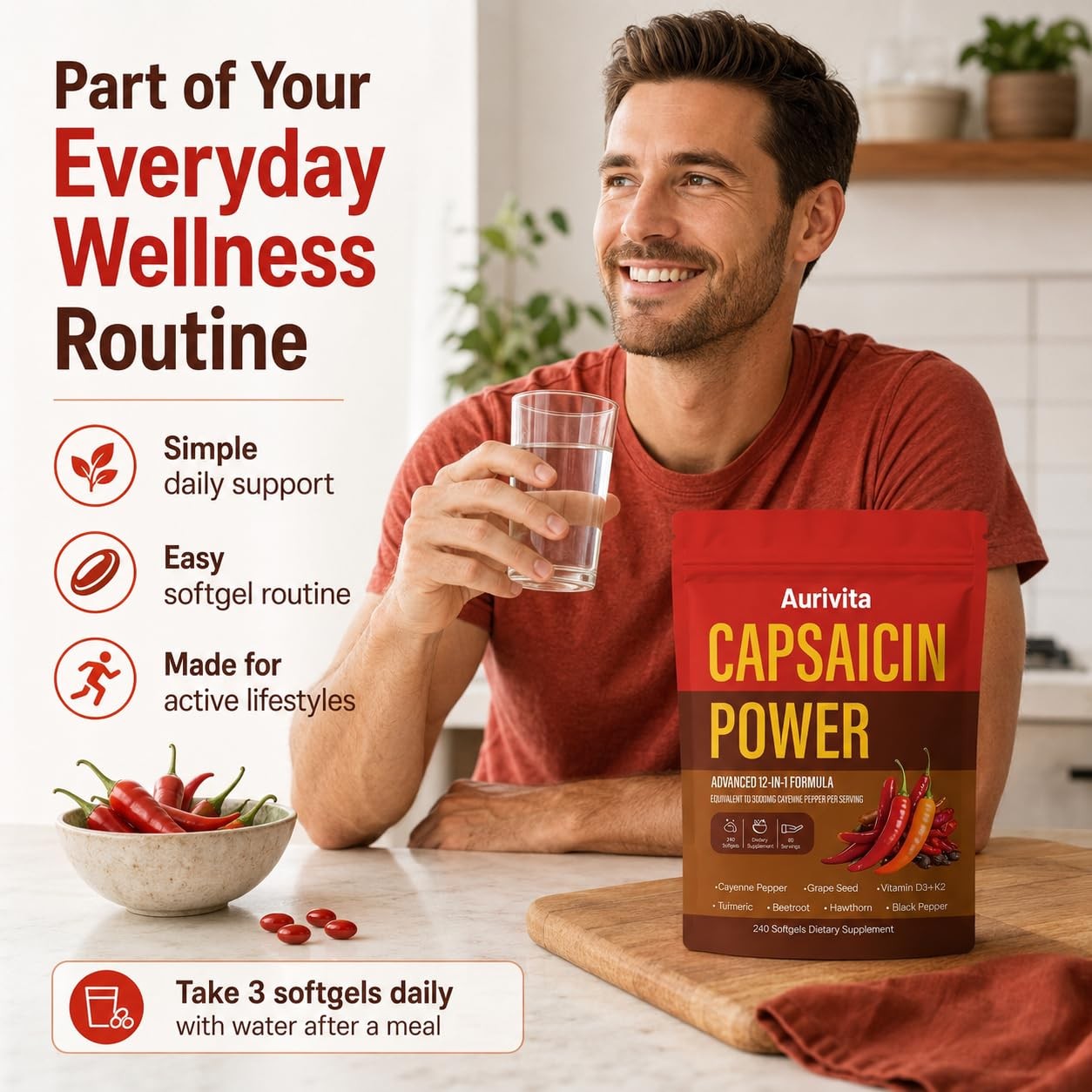 Aurivita Cayenne Capsaicin Softgels + D3, K2, Beetroot, Grape Seed 240 ct