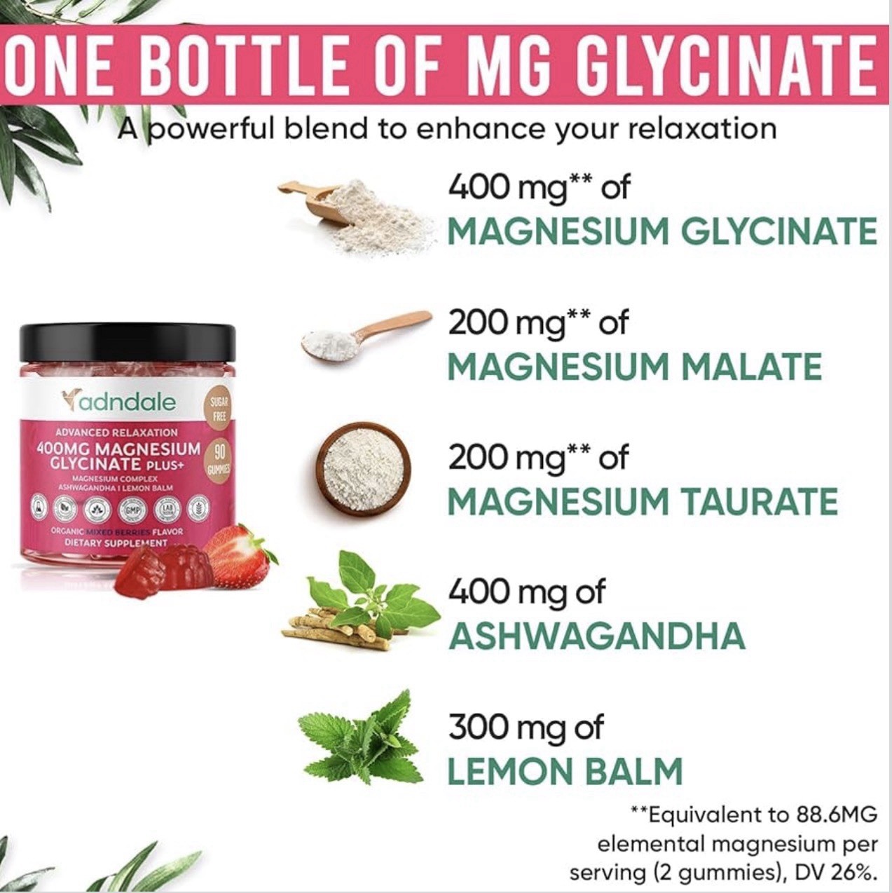 Adndale Magnesium Glycinate Gummies 400mg With Ashwagandha Sugar Free 180 Ct