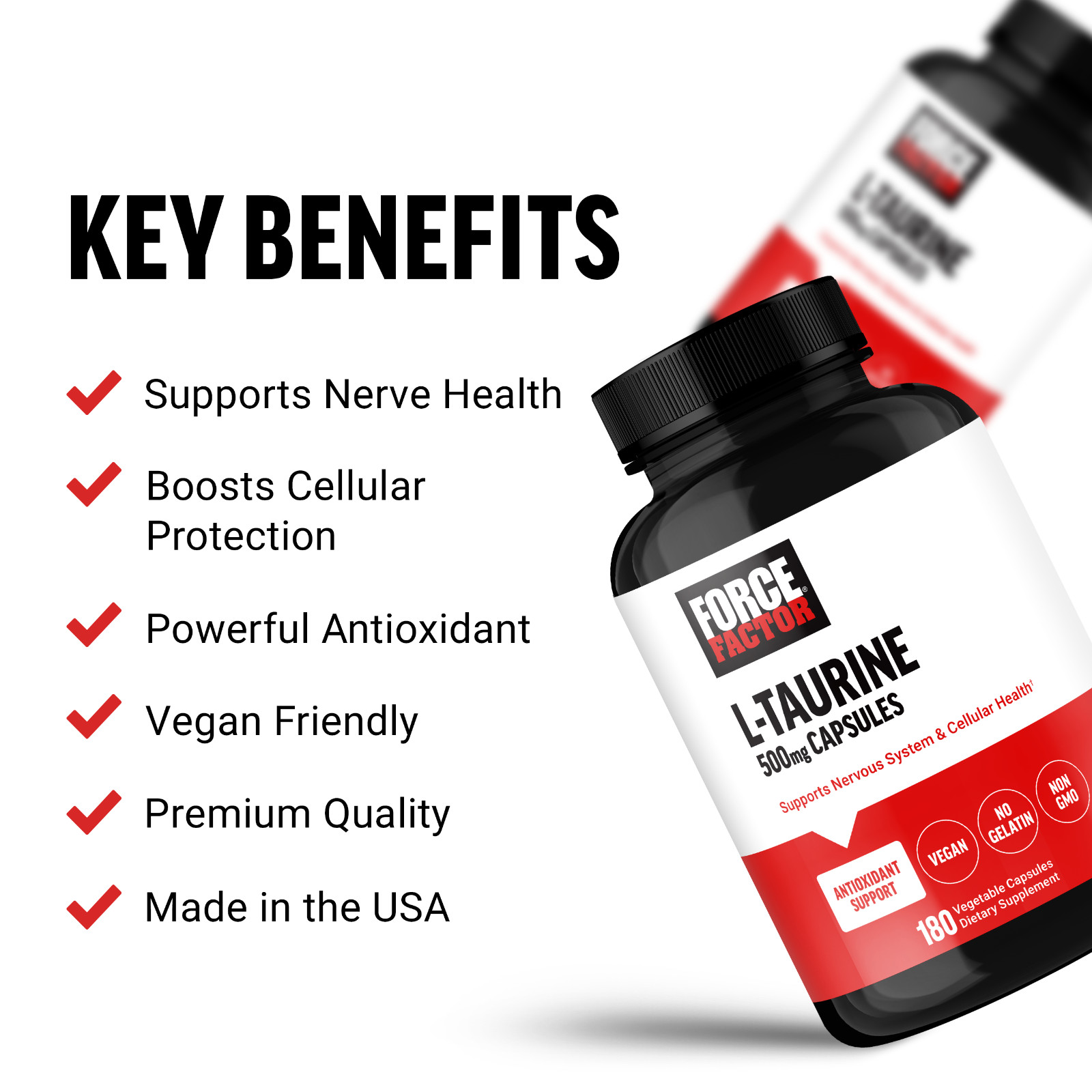 Force Factor L-Taurine Supplement 500mg Vegan, No Gelatin, Non-GMO, 180 Capsules
