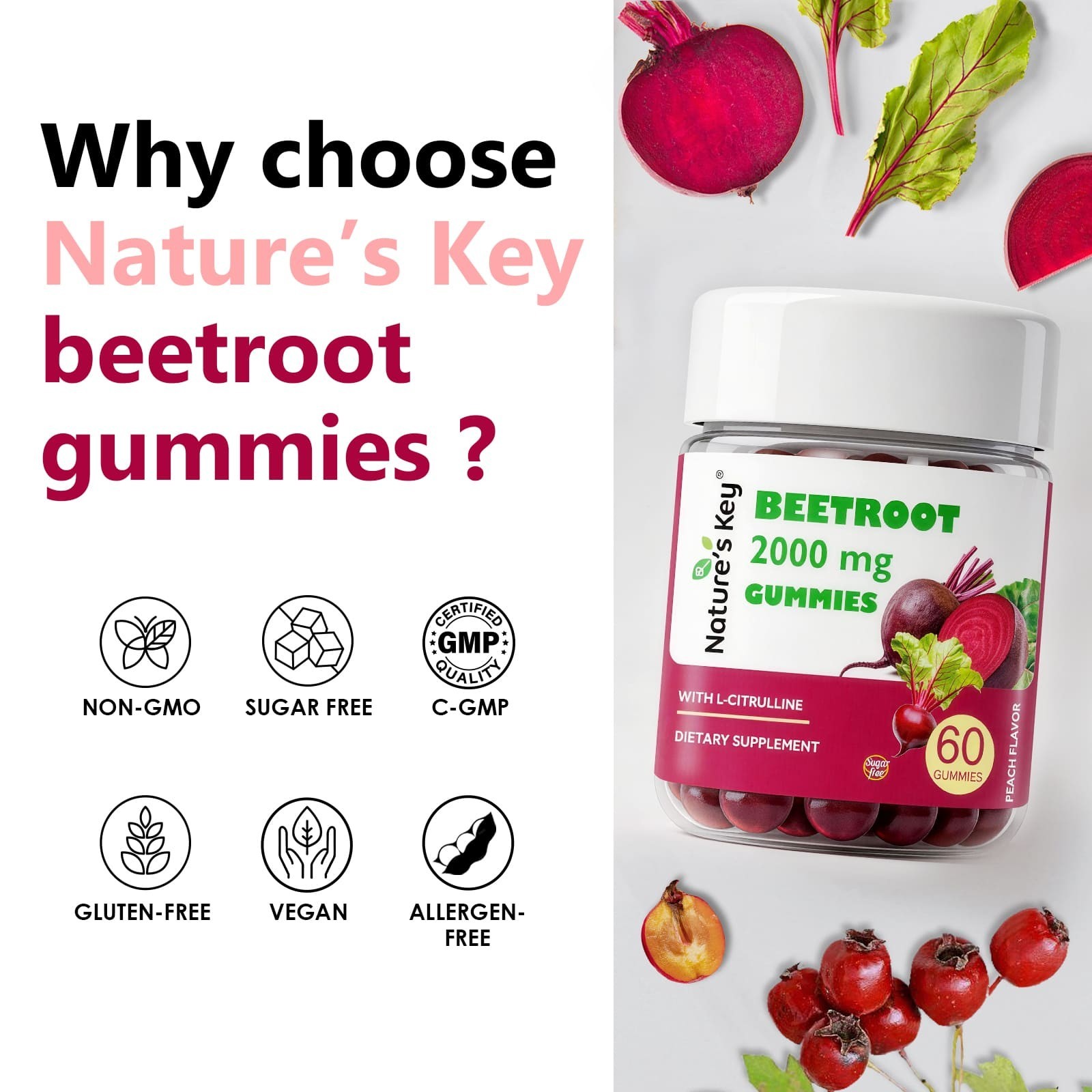 Nature’s Key Sugar Free Beet root Gummies–60 Gummies for Blood Flow & Heart