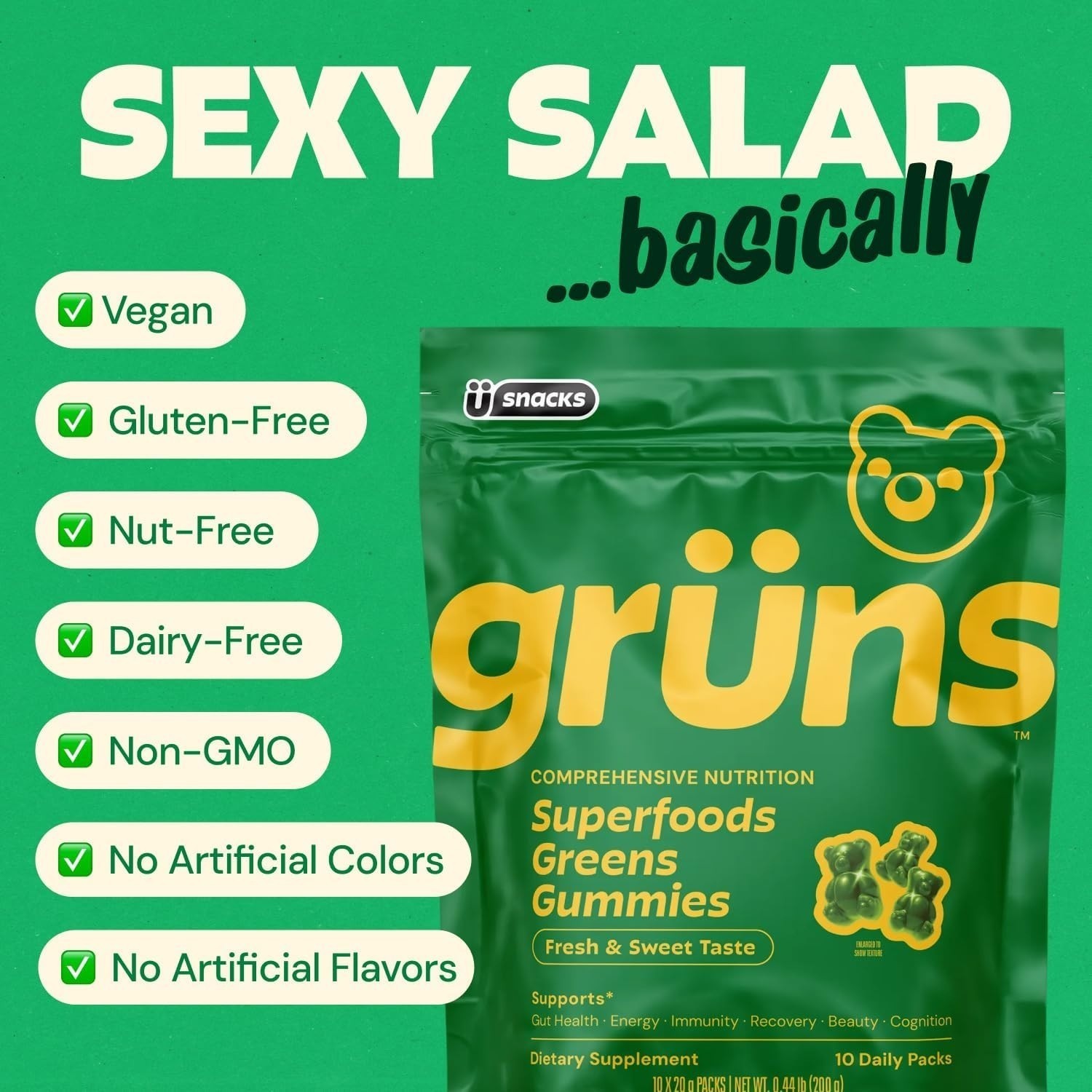 Grüns Superfood Greens Gummies – Digestive & Immune Support – 60ct