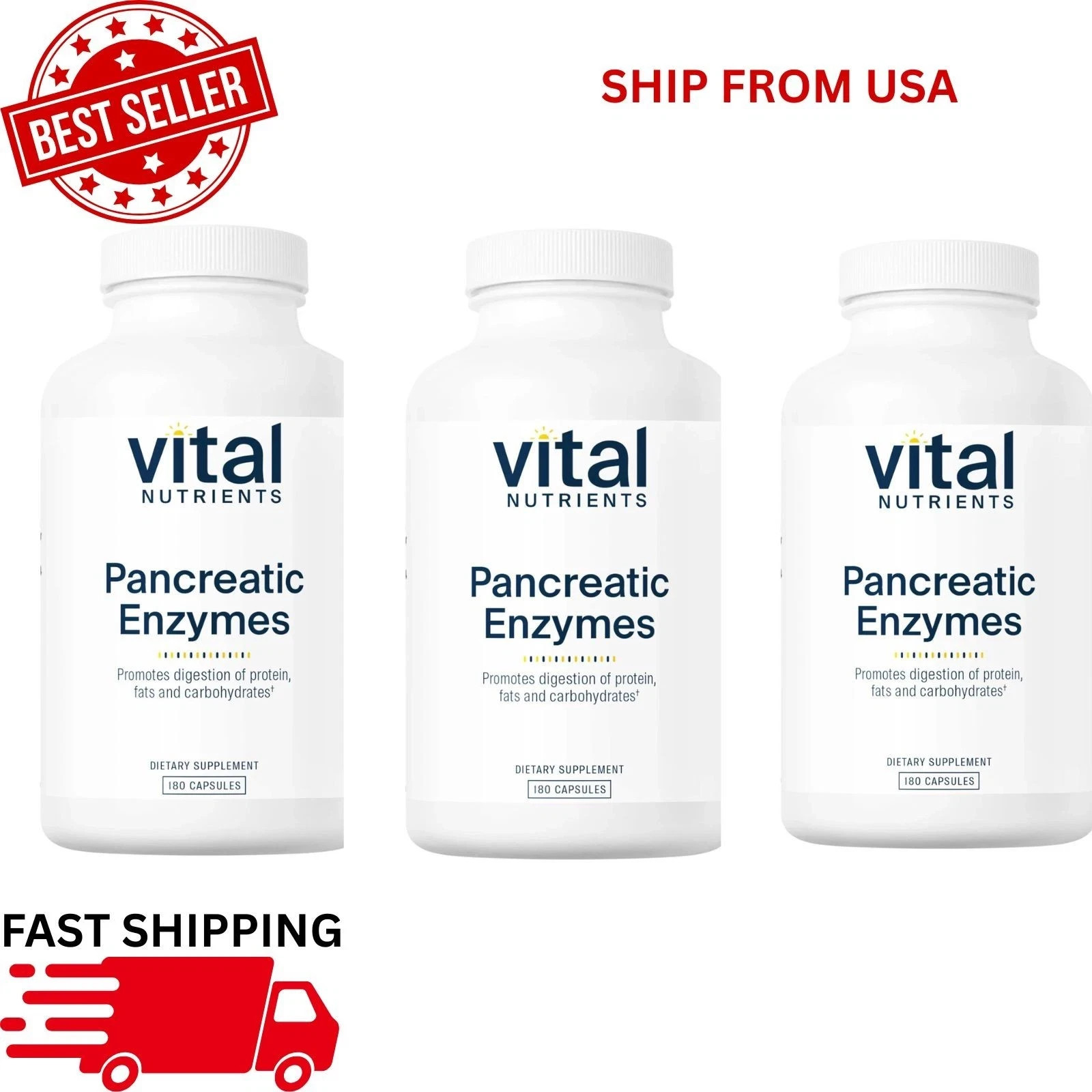 Vital Nutrients Pancreatic Enzymes 180 Capsules Digestive Support – Pack of 3