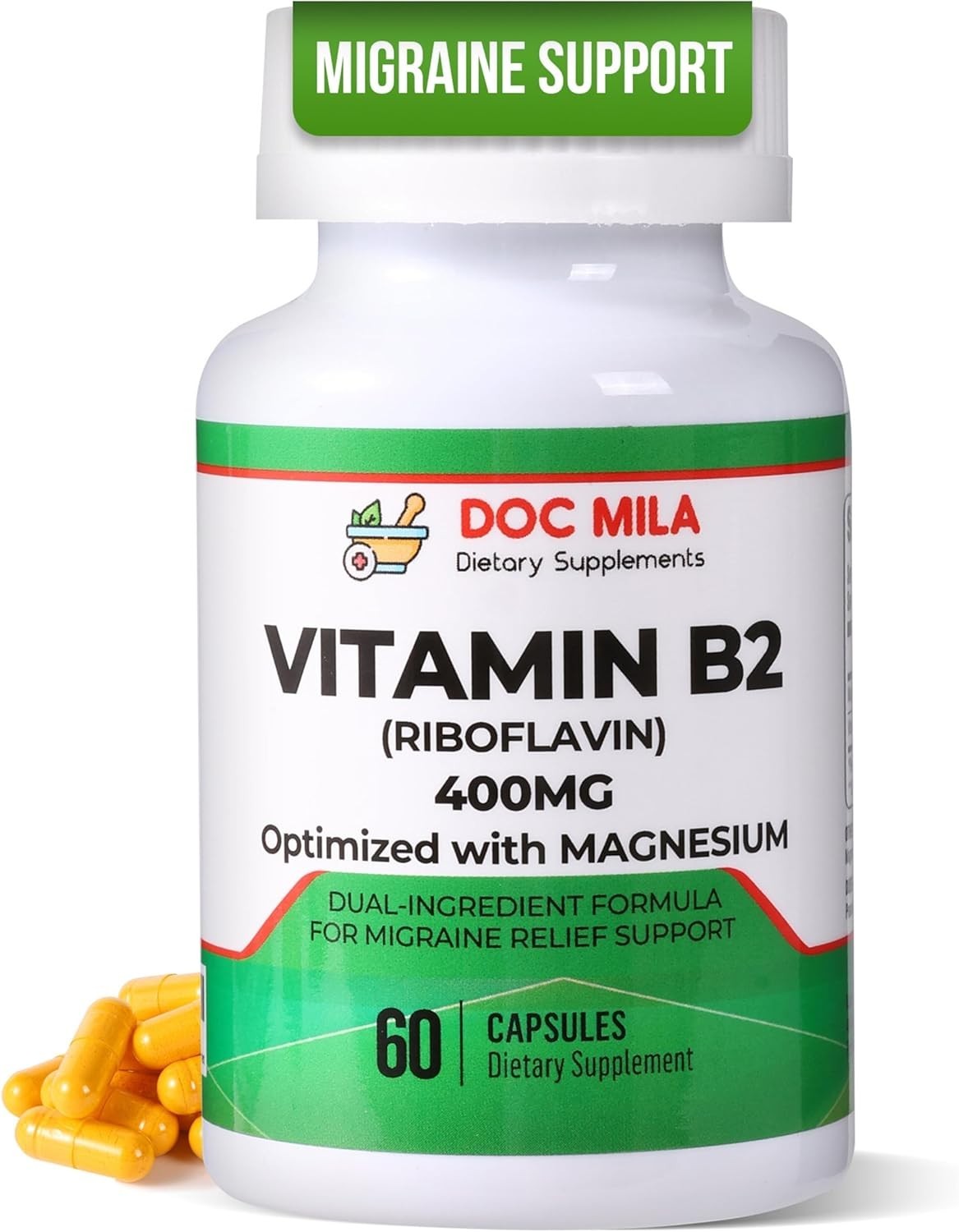 Doc Mila Vitamin B2 Riboflavin 400mg Migraine Support Vegan 60 Capsules Pills